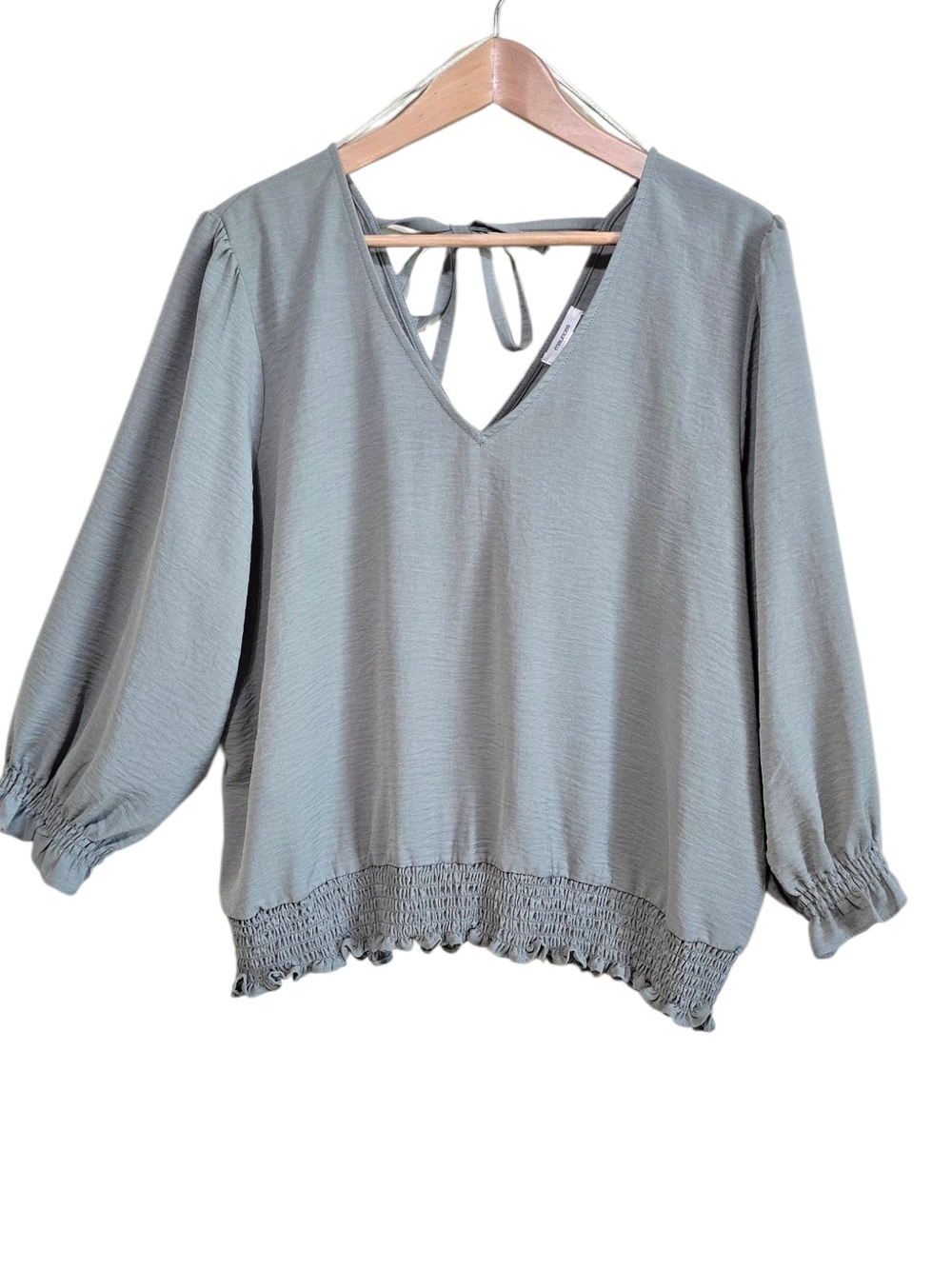 Maurices Sage Green Smocked V Neck Blouse Ruffle Sleeve XXL Business Casual Boho